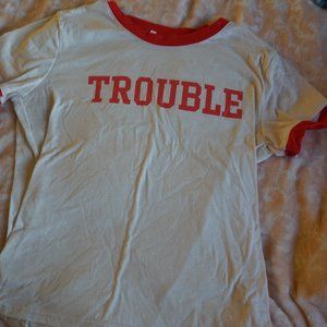 White and Red Tee Shirt "TROUBLE" on Front